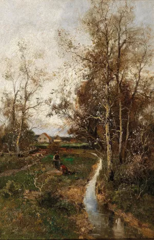 A Springtime Landscape with a Creek by Adolf Kaufmann Oil Painting