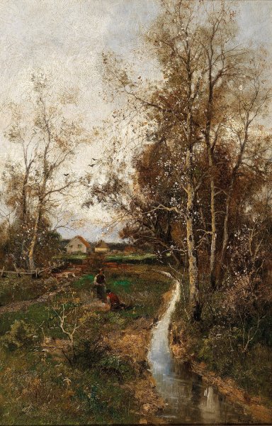 A Springtime Landscape with a Creek by Adolf Kaufmann - Hand-Painted Oil Painting Reproduction