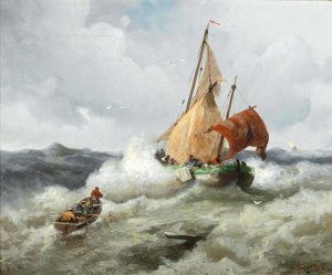 Fishing Boat in a Rough Sea by Adolf Kaufmann Oil Painting