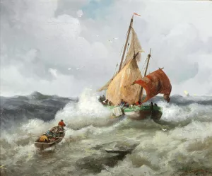 Fishing Boat in a Rough Sea by Adolf Kaufmann Oil Painting