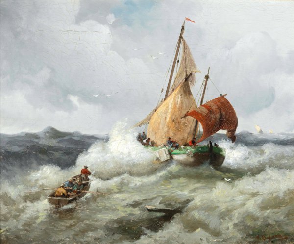 Fishing Boat in a Rough Sea by Adolf Kaufmann - Hand-Painted Oil Painting Reproduction