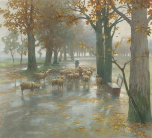 Flock Of Sheep With Shepherdess On A Rainy Day by Adolf Kaufmann Oil Painting