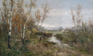 Herbstliche Moorlandschaft an einem Birkenhain by Adolf Kaufmann Oil Painting