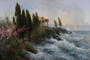 Mediterrane Landschaft mit antikem Tempel by Adolf Kaufmann Oil Painting