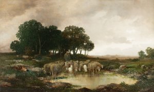 Sheep in rainy landscape by Adolf Kaufmann Oil Painting