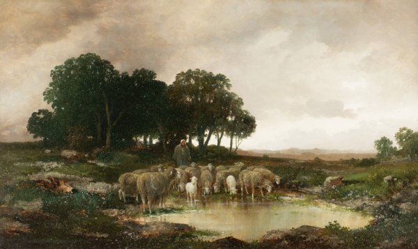 Sheep in rainy landscape by Adolf Kaufmann - Hand-Painted Oil Painting Reproduction