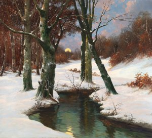 Winter Landscape With Rising Moon by Adolf Kaufmann Oil Painting