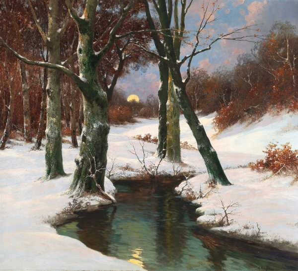 Winter Landscape With Rising Moon by Adolf Kaufmann - Hand-Painted Oil Painting Reproduction