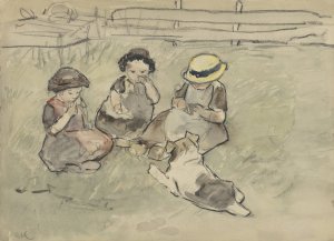 Drie meisjes met een hond zittend in een weiland by Adolf Le Comte Oil Painting