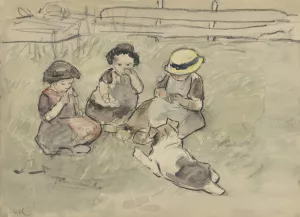Drie meisjes met een hond zittend in een weiland Oil painting by Adolf Le Comte