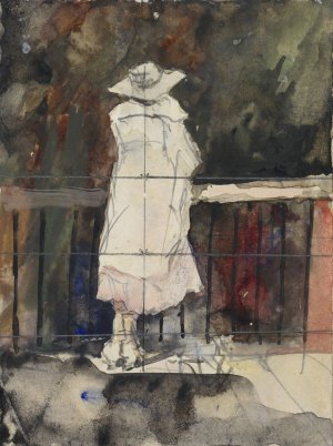 Staande vrouw voor een balustrade, op de rug gezien by Adolf Le Comte Oil Painting