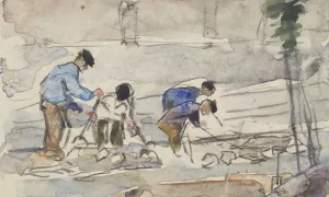 Vier werklieden bezig met grondwerkzaamheden Oil painting by Adolf Le Comte