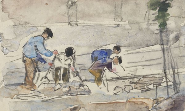Vier werklieden bezig met grondwerkzaamheden  by Adolf Le Comte - Hand-Painted Oil Painting Reproduction