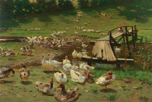 A Summer Day, Geese By A Pond by Adolf Lins Oil Painting