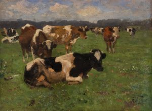 Cows on a meadow by Adolf Lins Oil Painting