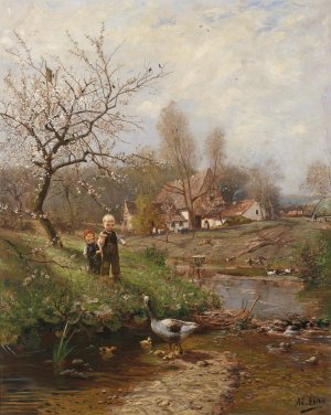 Fruhlingslandschaft mit zwei Kindern und Gansen by Adolf Lins Oil Painting