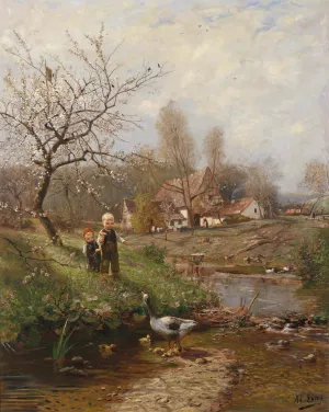 Fruhlingslandschaft mit zwei Kindern und Gansen by Adolf Lins Oil Painting