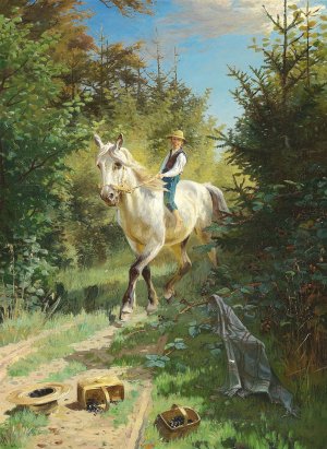 Dreng pa en hvid hest i skoven by Adolf Mackeprang Oil Painting