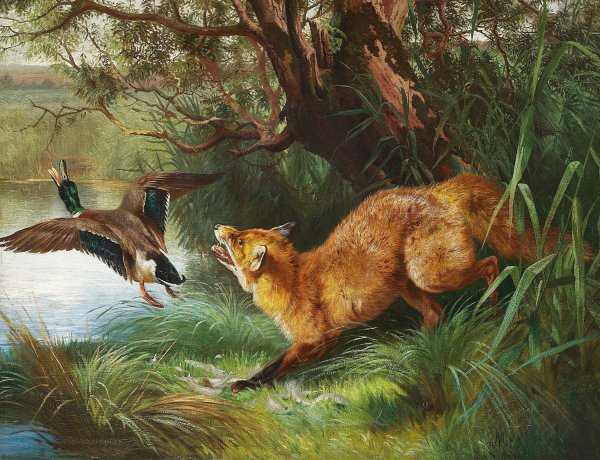 Main Product Photo of En raev pa jagt efter en graand Painting by Adolf Mackeprang