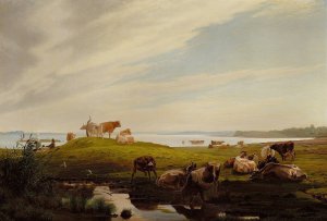 Graessende koer ved fjorden by Adolf Mackeprang Oil Painting
