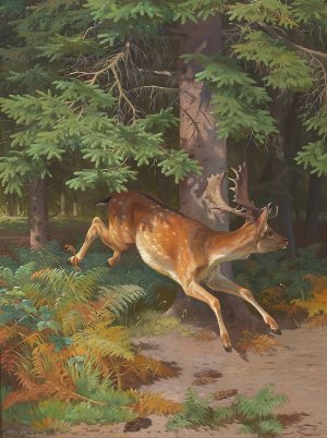 Skovparti med kronvildt i en lysning by Adolf Mackeprang Oil Painting