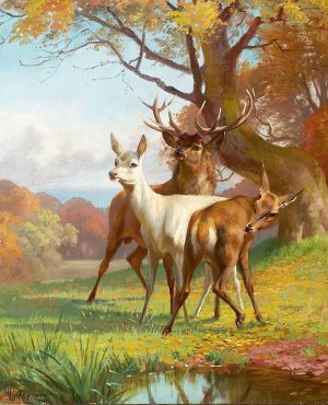 Skovparti med kronvildt by Adolf Mackeprang Oil Painting
