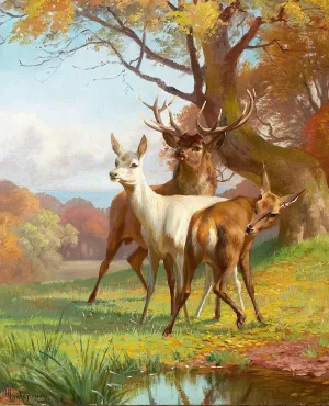 Skovparti med kronvildt by Adolf Mackeprang Oil Painting