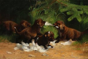 Skovparti med raeveunger, der slas om resterne af en fugl by Adolf Mackeprang Oil Painting