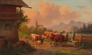 Kuhe mit Hirte und Hirtin an der Tranke by Adolf Nowey Oil Painting