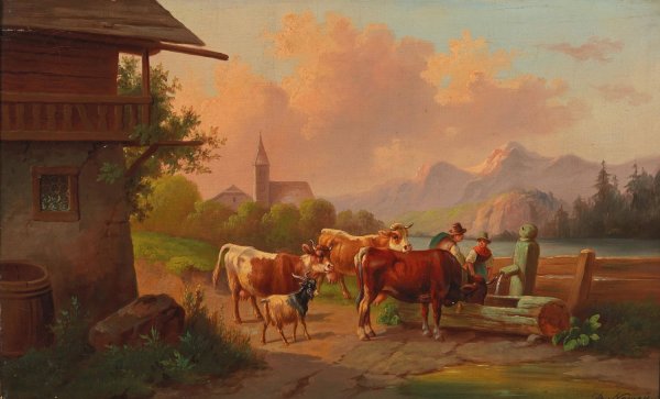 Main Product Photo of Kuhe mit Hirte und Hirtin an der Tranke Painting by Adolf Nowey