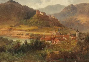 Dorf mit Fluss und Burg Oil painting by Adolf Obermullner
