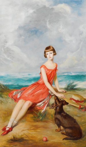 Portrait Of A Young Girl With Her Dog By The Sea by Adolf Pirsch Oil Painting
