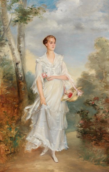 Portrait of a Young Lady with a Basket of Flowers by Adolf Pirsch - Hand-Painted Oil Painting Reproduction