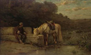 A Rest by the Fountain by Adolf Schreyer - Oil Painting Reproduction