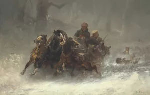 A Troika Pursued by Wolves by Adolf Schreyer Oil Painting