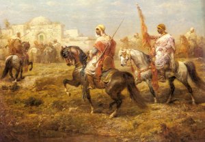 Arab Cavalry Approaching an Oasis by Adolf Schreyer Oil Painting