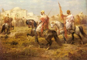 Arab Cavalry Approaching an Oasis by Adolf Schreyer Oil Painting