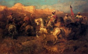 Arab Horsemen On The March by Adolf Schreyer Oil Painting