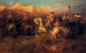 Arab Horsemen On The March by Adolf Schreyer Oil Painting