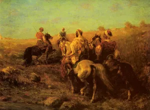 Arabian Horseman near a Watering Place by Adolf Schreyer - Oil Painting Reproduction