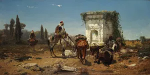 Arabs Resting by a Marble Fountain by Adolf Schreyer Oil Painting