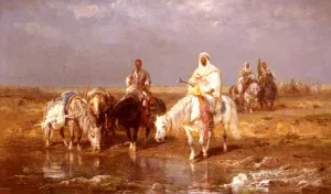 Arabs Watering Their Horses by Adolf Schreyer - Oil Painting Reproduction