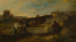 At The Watering Hole by Adolf Schreyer Oil Painting