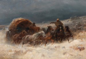 Geldings In A Winter Landscape by Adolf Schreyer Oil Painting