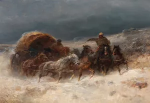 Geldings In A Winter Landscape by Adolf Schreyer Oil Painting