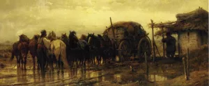 Hitching Horses to the Wagon by Adolf Schreyer - Oil Painting Reproduction