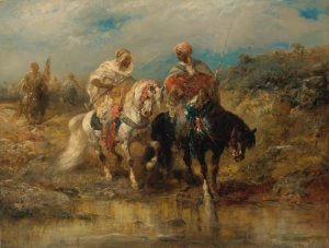Horsemen At A Watering Hole by Adolf Schreyer Oil Painting