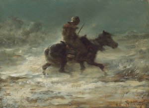 Man with Lance Riding through the Snow by Adolf Schreyer Oil Painting