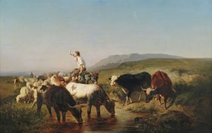 Vieh- und Schafherde mit eselreitendem Hirtenknaben in weiter Landschaft by Adolf Schreyer Oil Painting