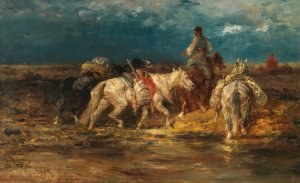 Wallachian Packhorses at the Ford by Adolf Schreyer Oil Painting